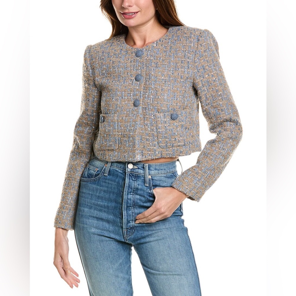 ASTR the Label Lyssa Tweed Cropped Jacket in Blue and Taupe Silver